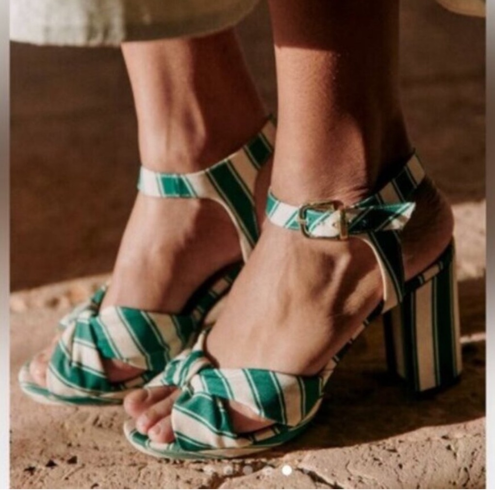 Sezane Editions Green And White Carmela Heels Heeled Sandals